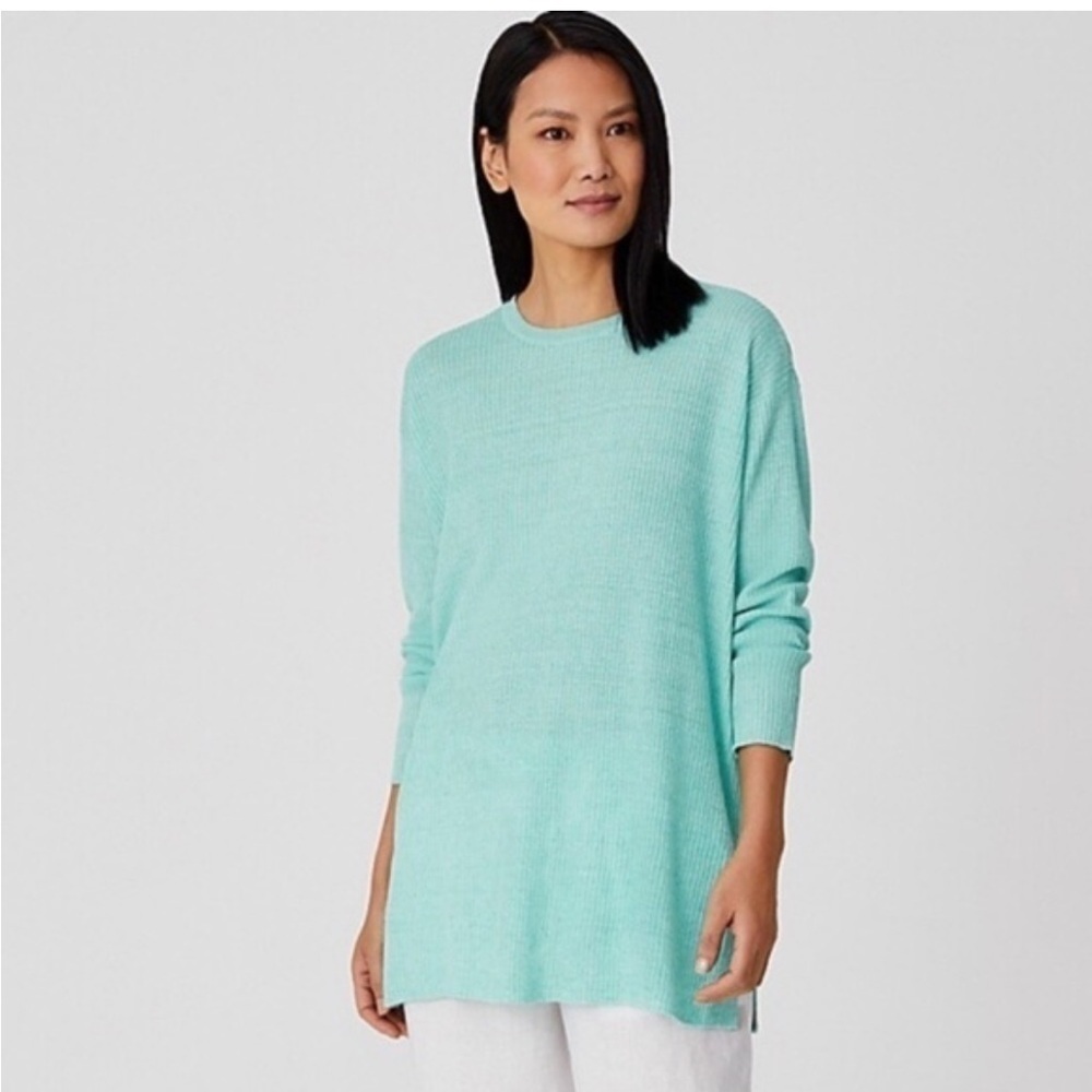 Eileen Fisher Organic Linen Delave Crew Neck Top Boxy Fit Long Length Size‎ Med